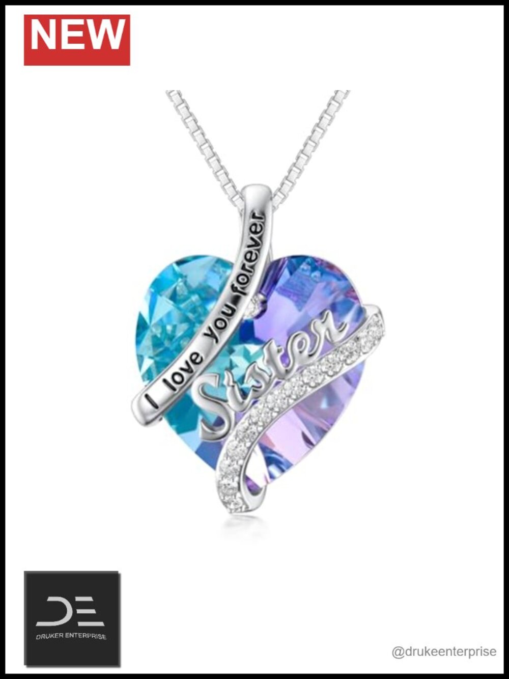 Sterling Silver Sister Heart Birthstone Necklace with Crystal for Women